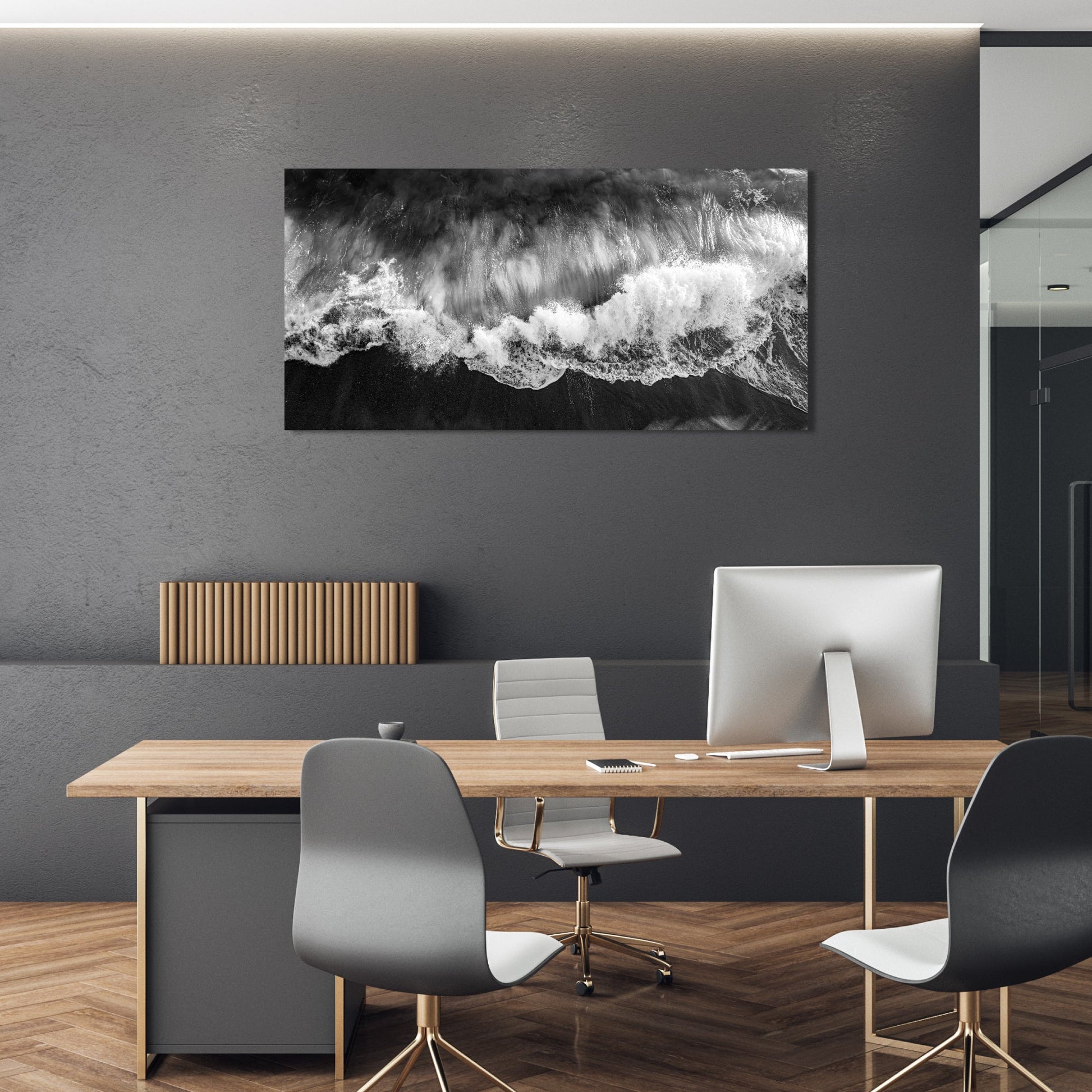 Wave Crash Aerial Panoramic Black and White Fine Art Photography Print - Frey Wall Art