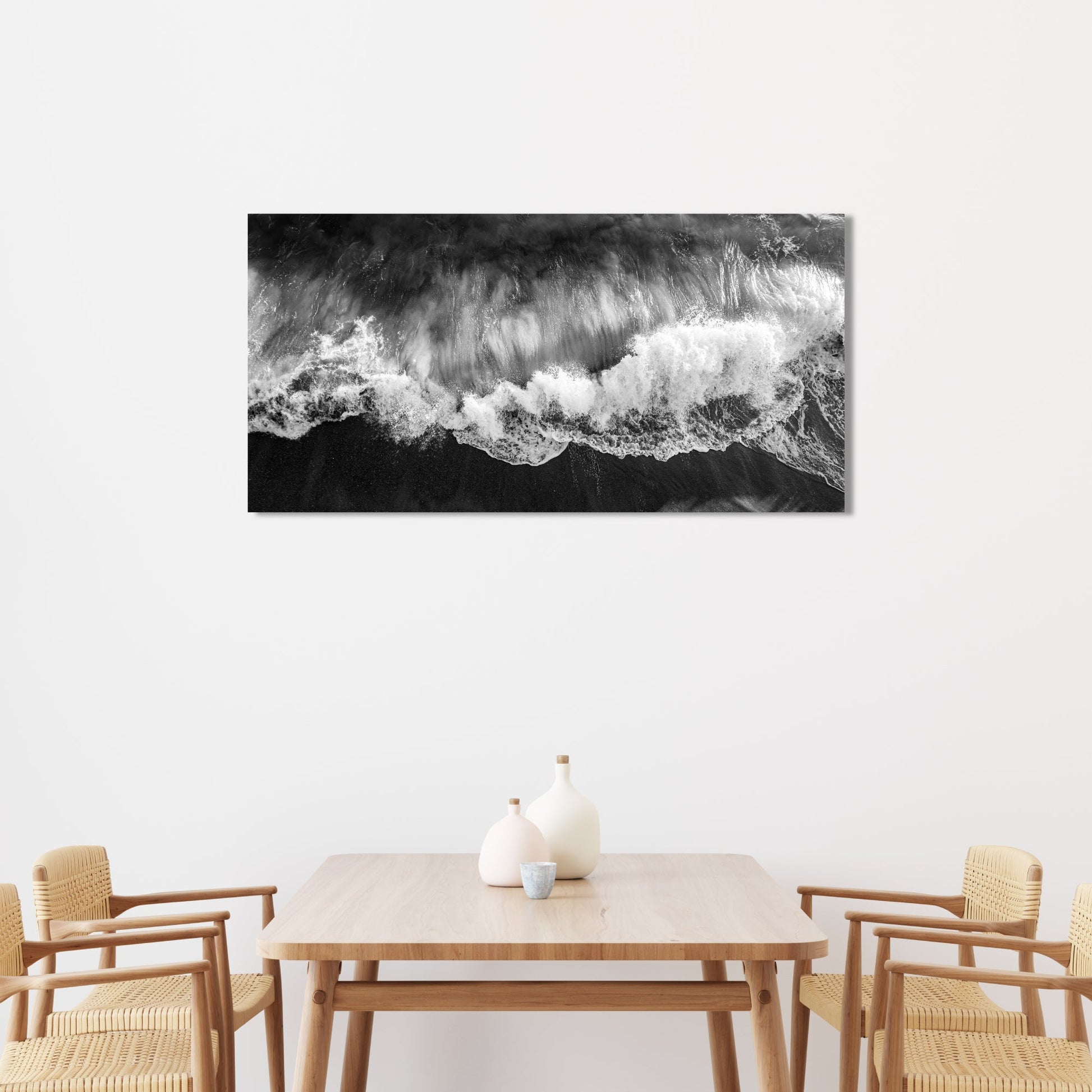 Wave Crash Aerial Panoramic Black and White Fine Art Photography Print - Frey Wall Art